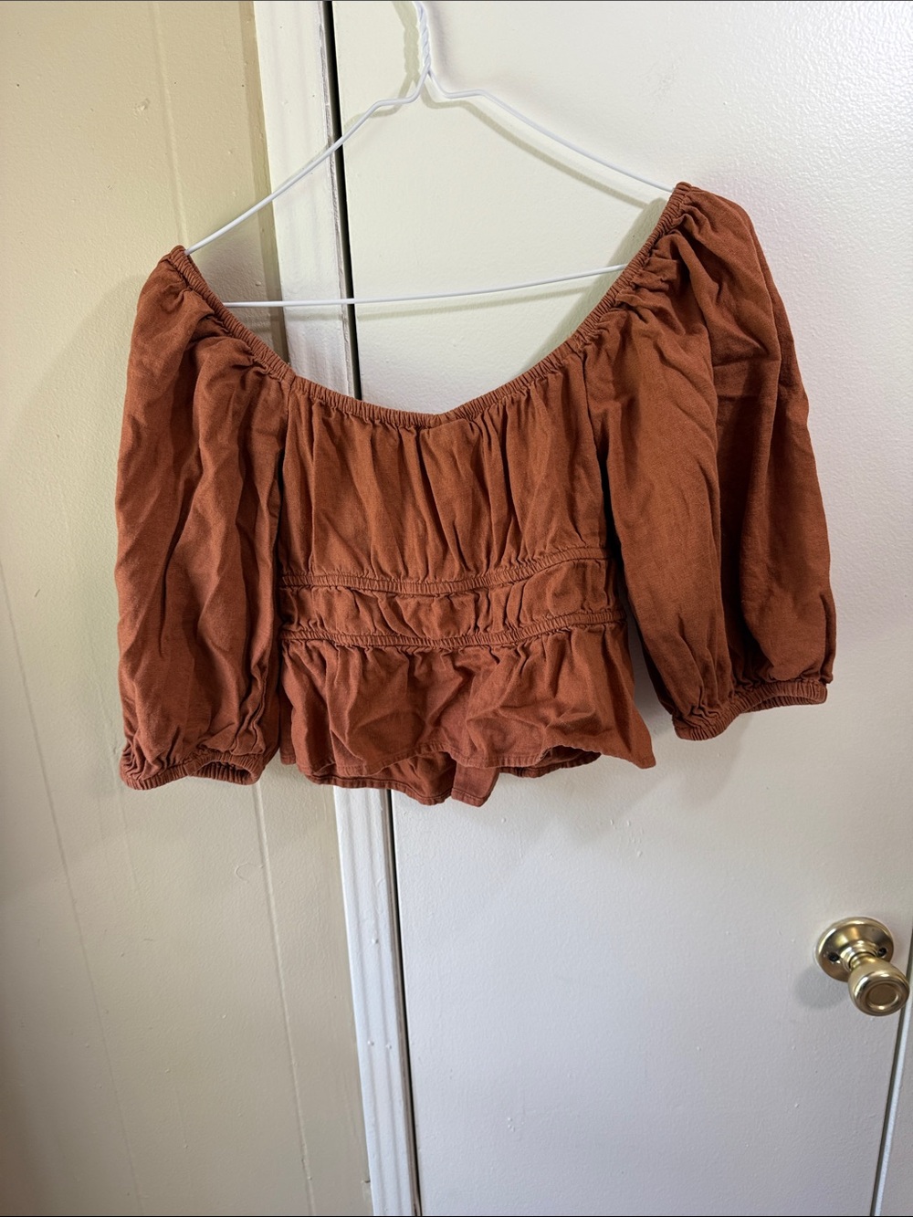 Milkmaid Rust Orange Linen Blend Peasant Crop Top Puff Sleeve Cottagecore Size S - Picture 6 of 8